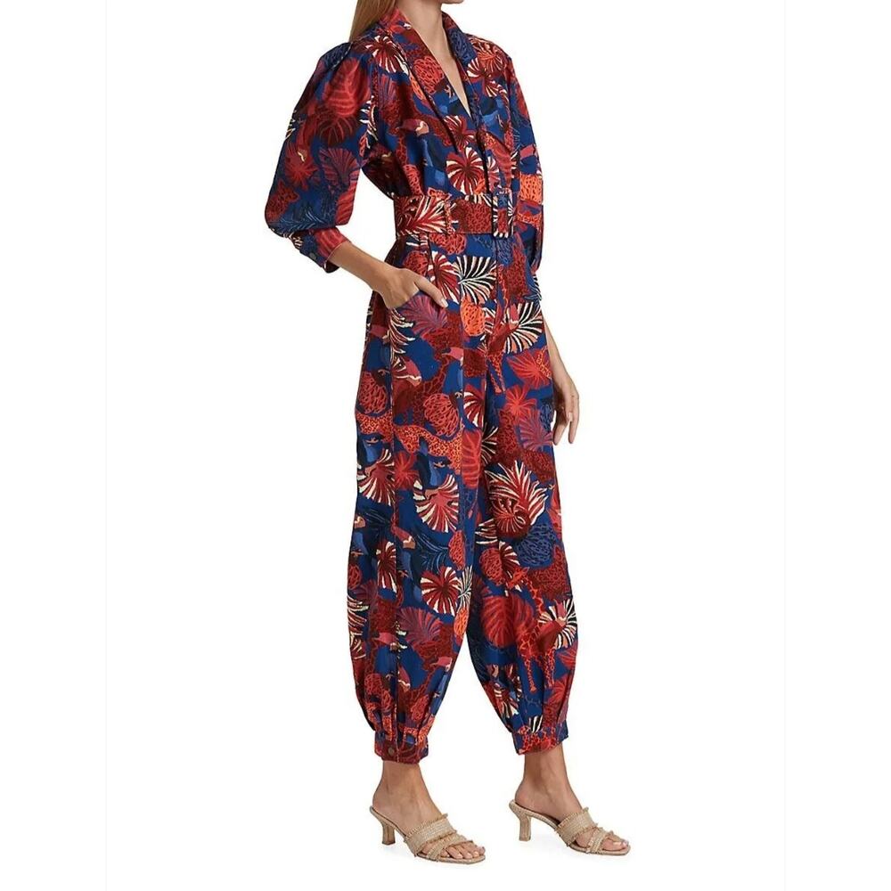 Farm Rio Navy Red Animals Tapestry Canvas Belted Jumpsuit Size Medium - Picture 16 of 16